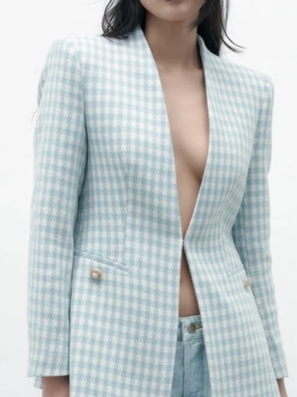 Zara Light Blue Houndstooth Blazer Jacket